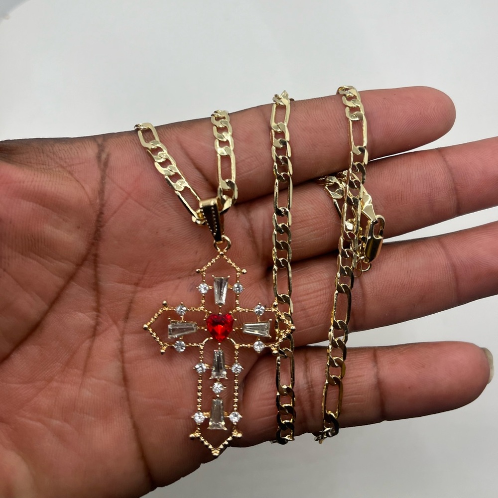 Gold filled Gold Cross Pendant Necklace with Red Accent